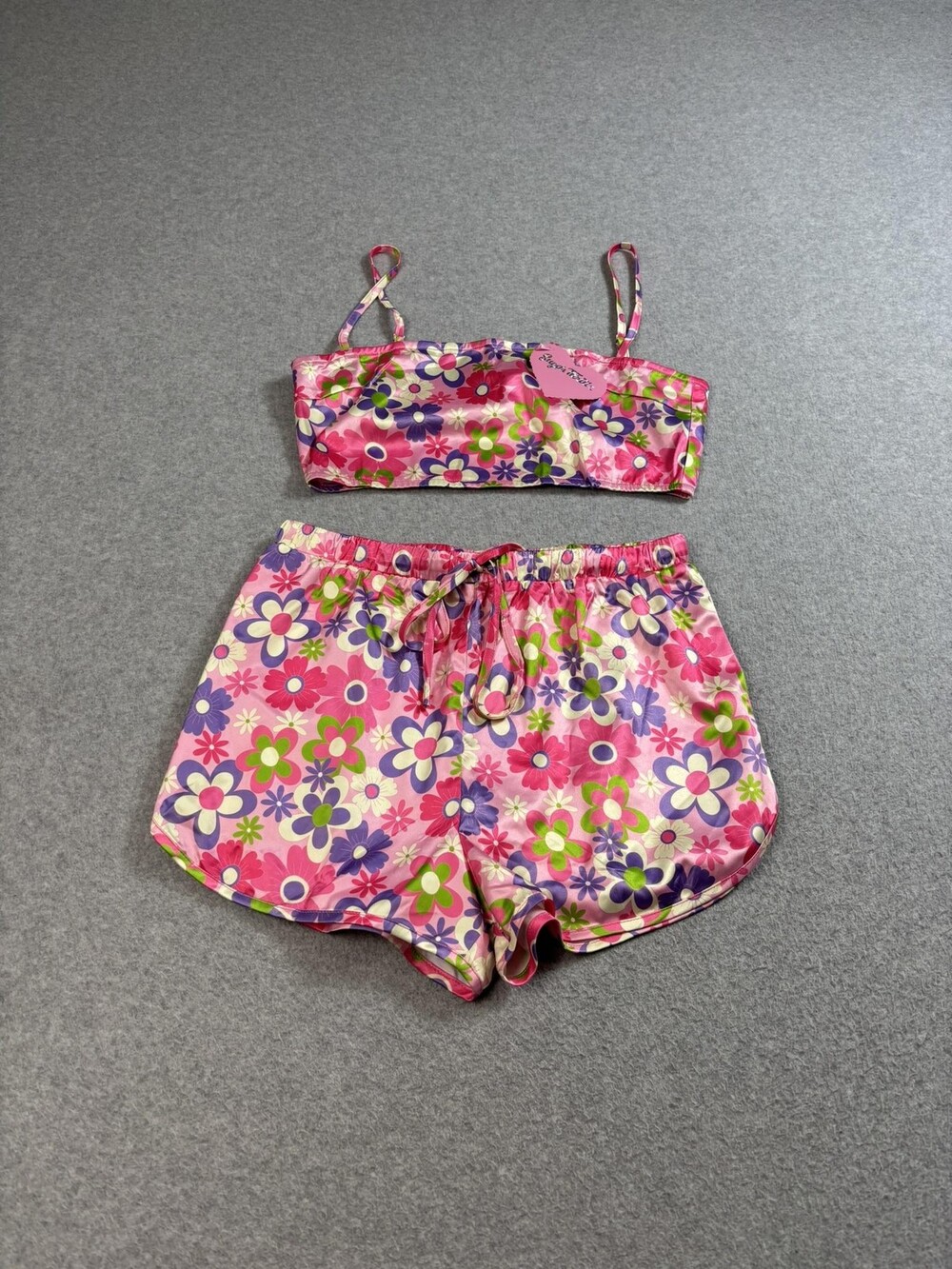 Dollskill Sugar Thrillz Shorts Shirt Womens Small Pink Floral Crop Top Satin PJ